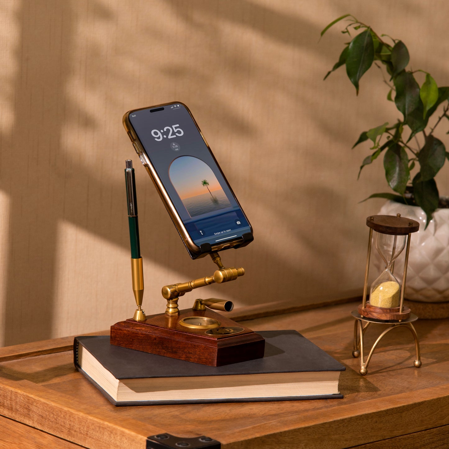 Handcrafted Brass Mobile Stand with Compass & Pen Holders