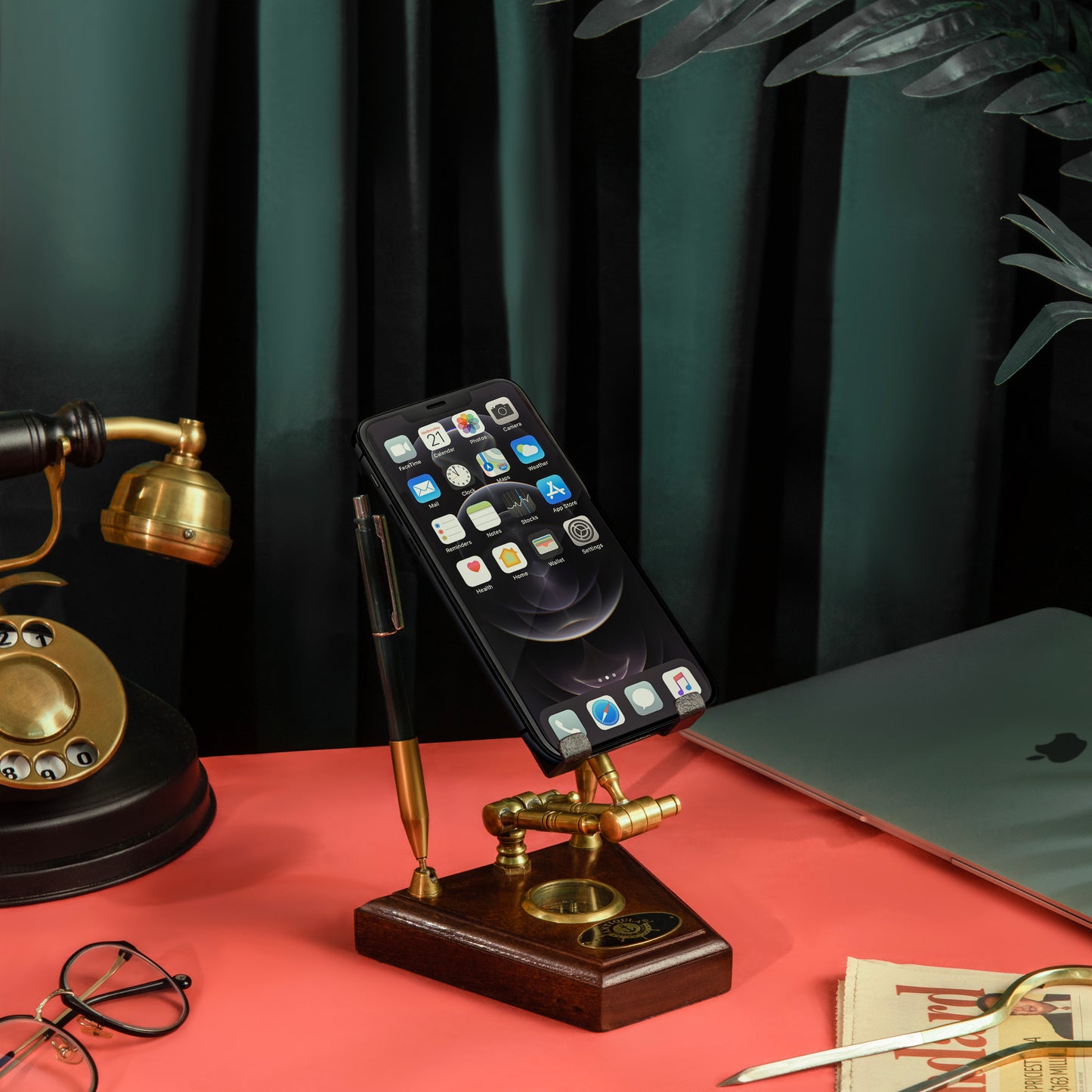 Handcrafted Brass Mobile Stand with Compass & Pen Holders