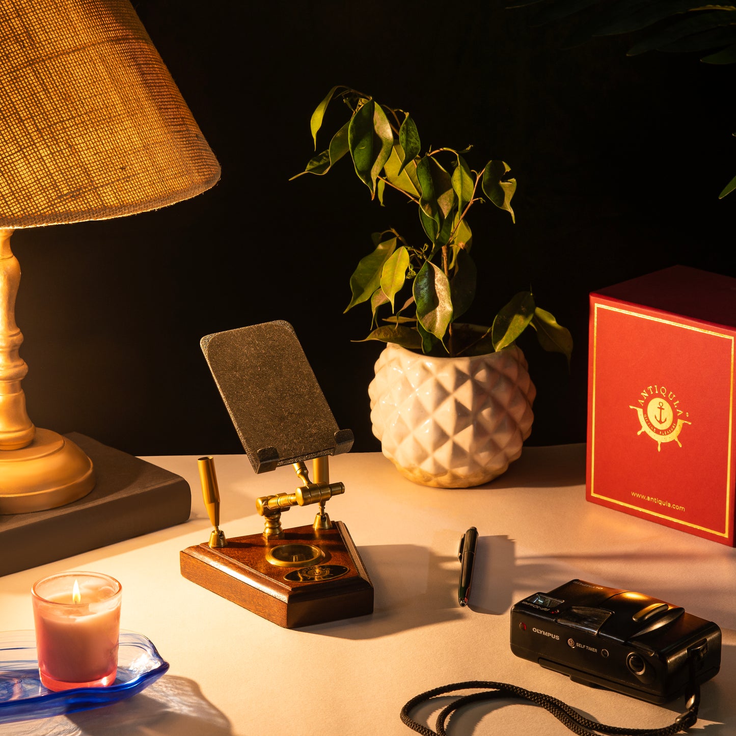 Handcrafted Brass Mobile Stand with Compass & Pen Holders
