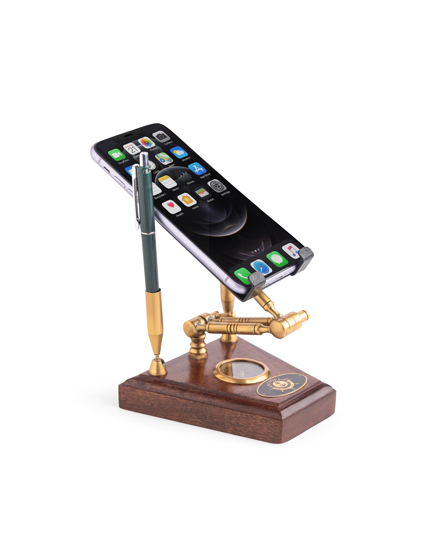Handcrafted Brass Mobile Stand with Compass & Pen Holders