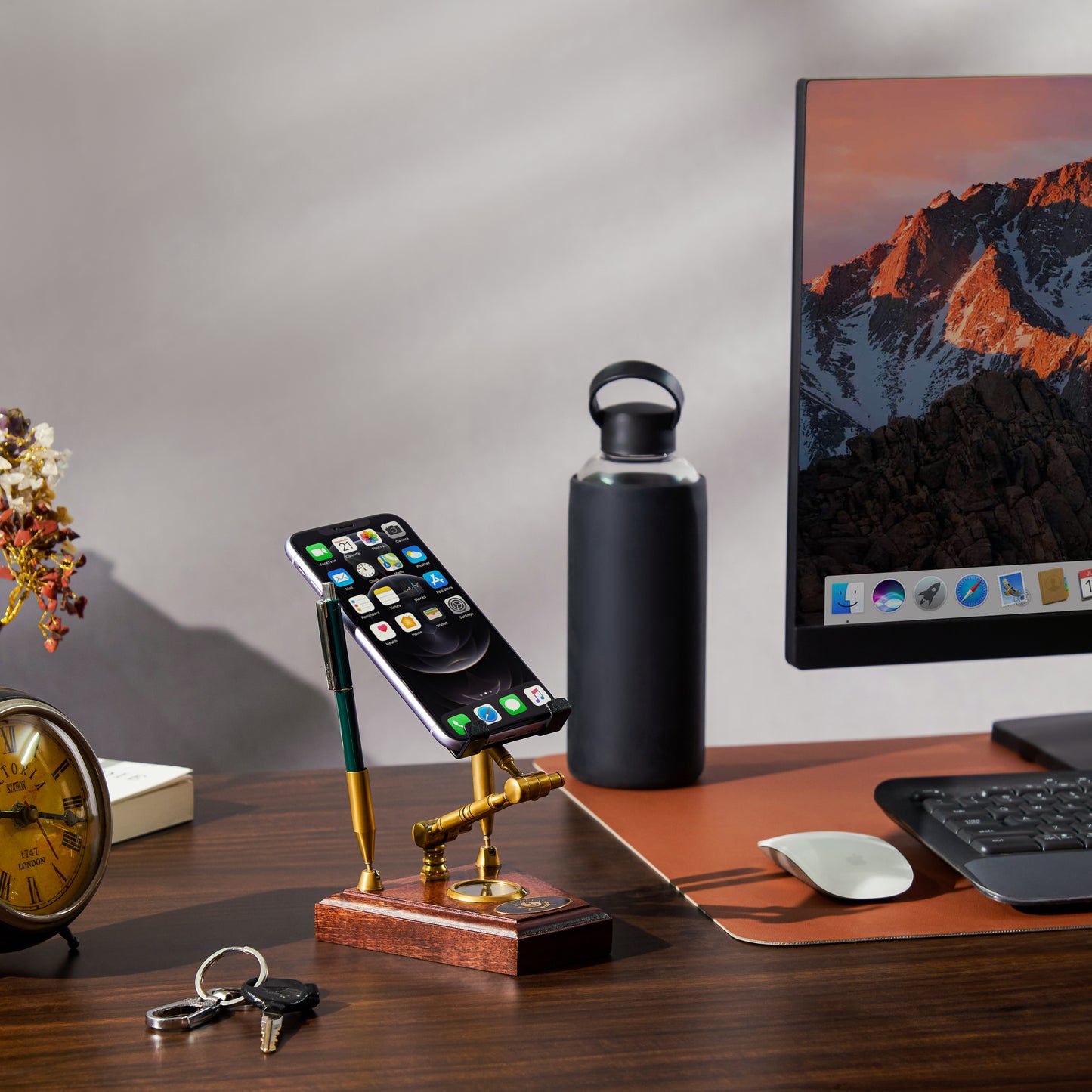 Handcrafted Brass Mobile Stand with Compass & Pen Holders