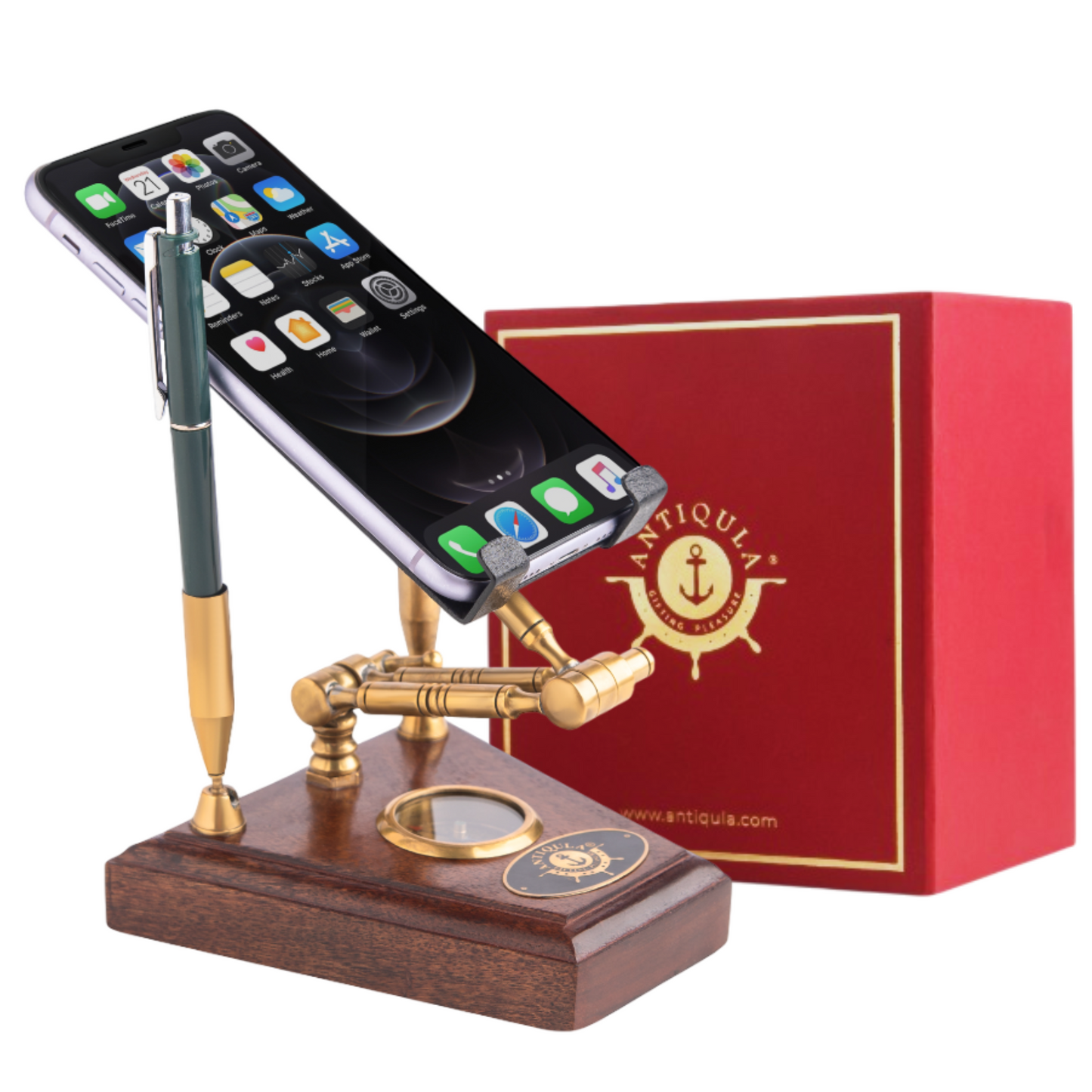 Handcrafted Brass Mobile Stand with Compass & Pen Holders