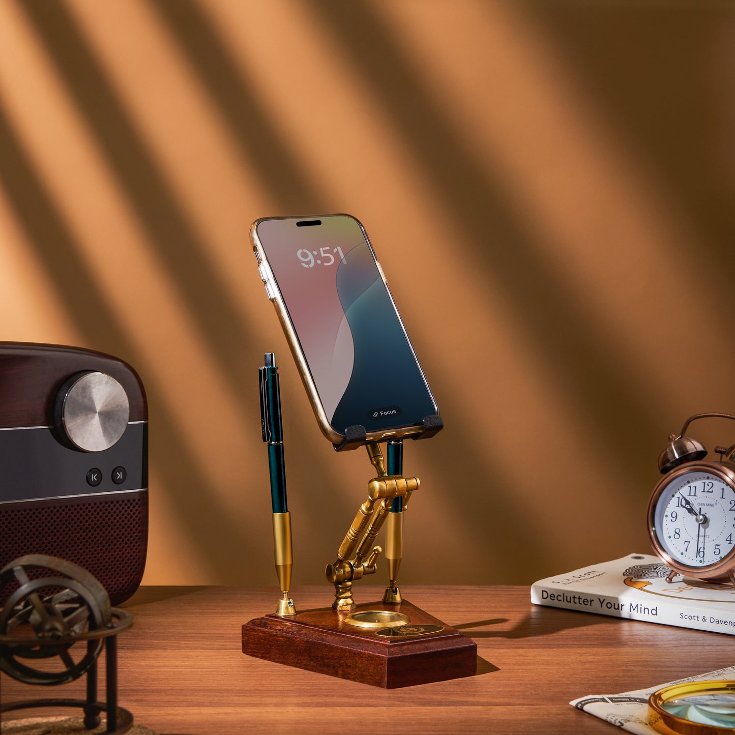 Handcrafted Brass Mobile Stand with Compass & Pen Holders