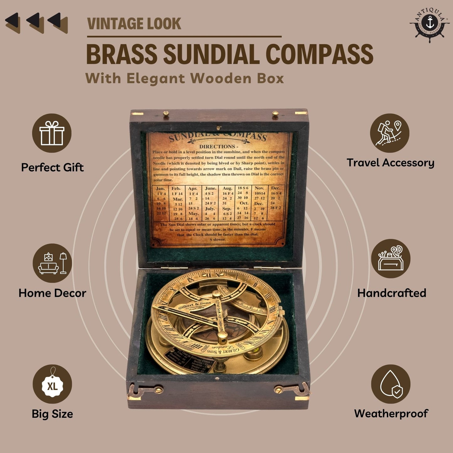 Sundial Compass with Wooden Box