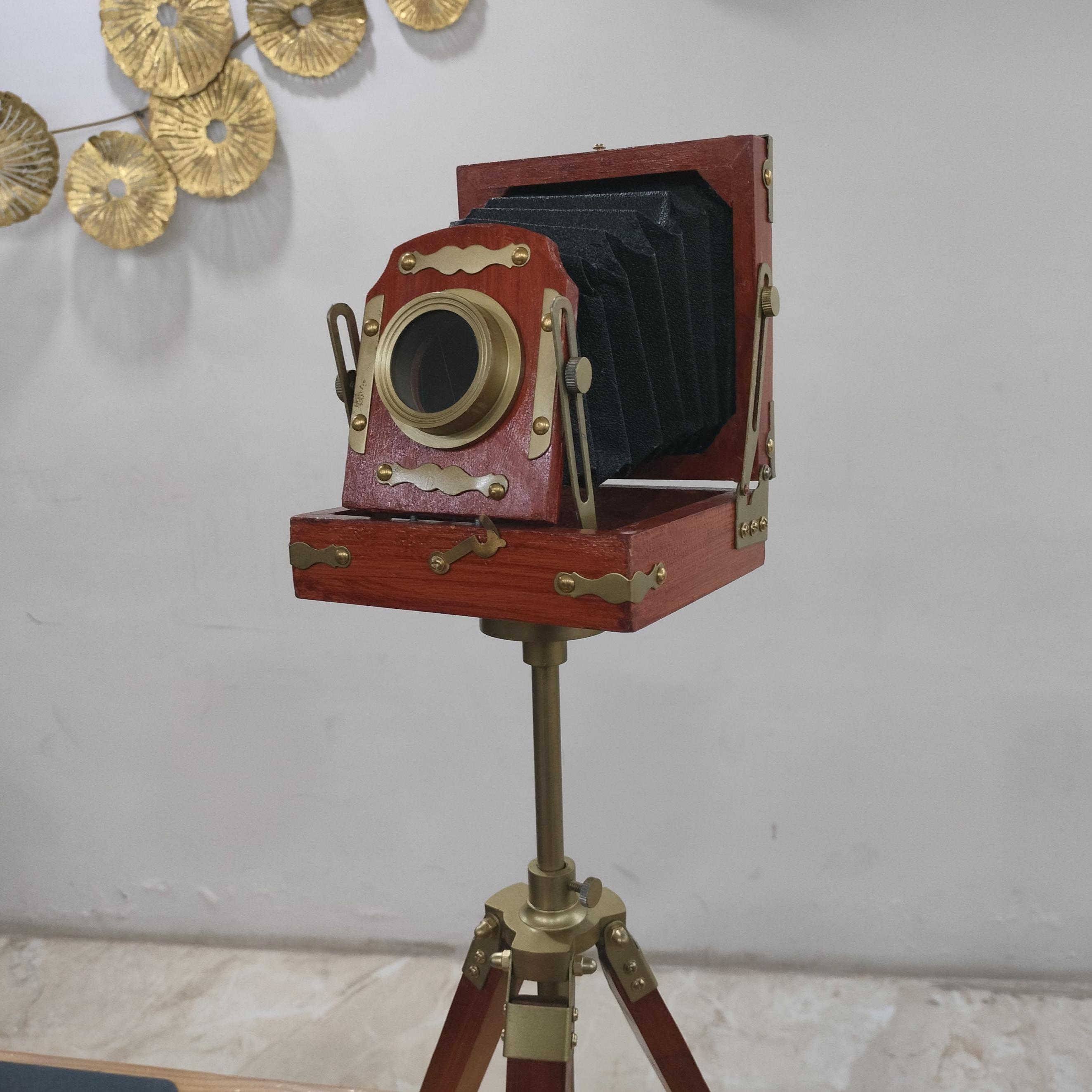 Brass & Wood Camera on Rustic Tripod view 5
