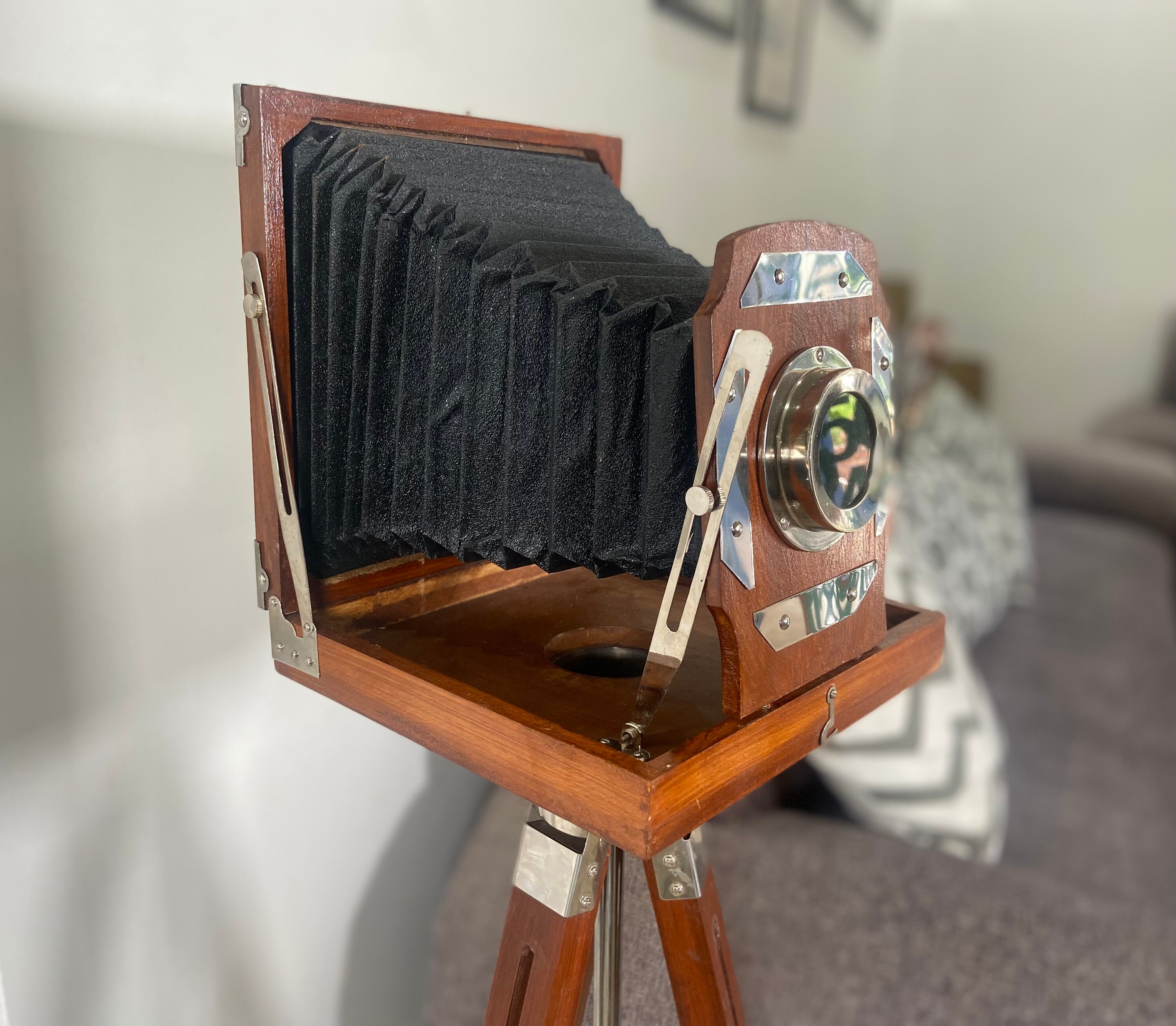 Large Wooden Bellows Camera on Tripod Stand view 8