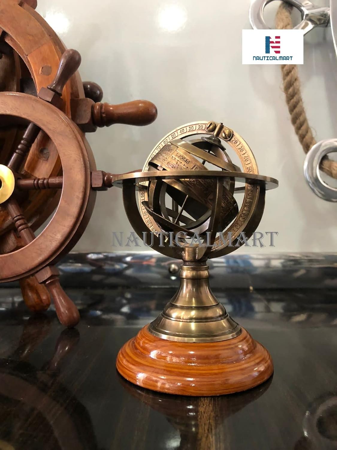 Brass Armillary Sphere on Rosewood Base view 3