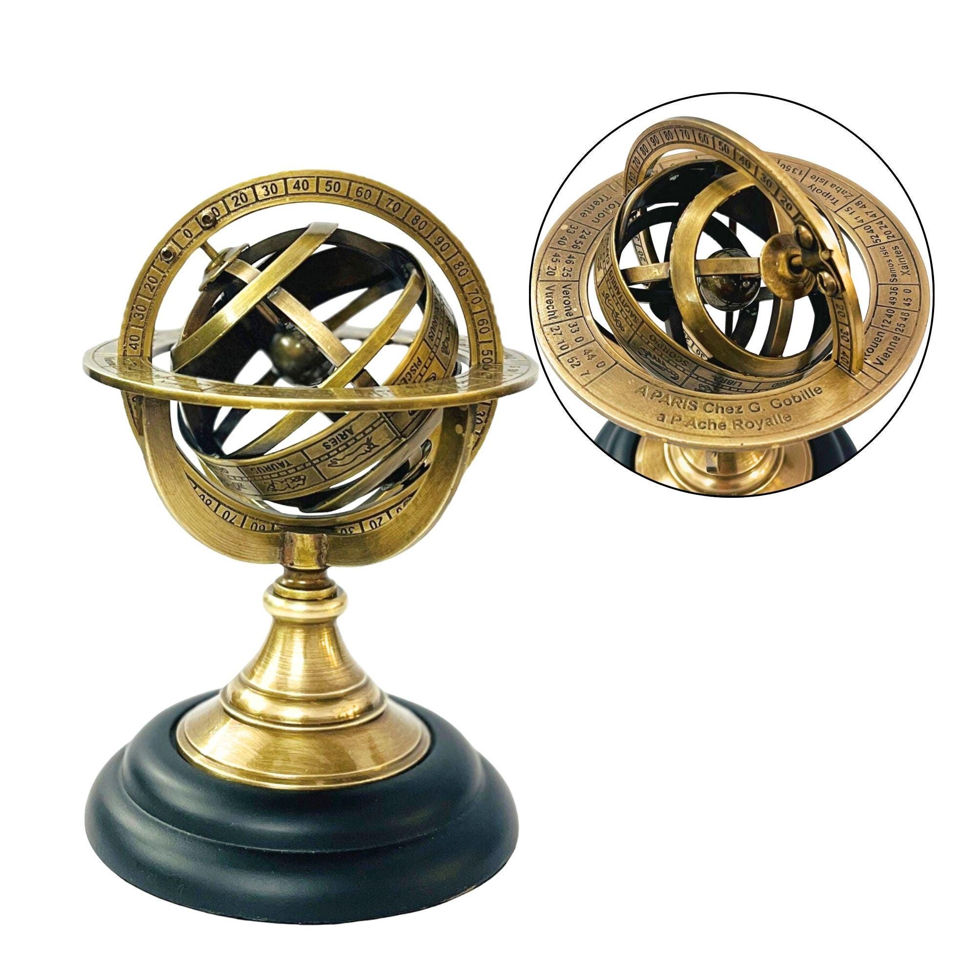 Handmade Brass Armillary Sphere on Black Wooden Base view 2