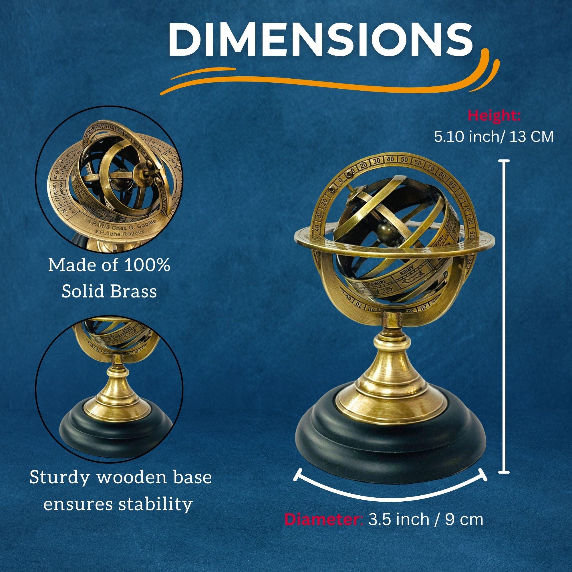 Handmade Brass Armillary Sphere on Black Wooden Base view 4