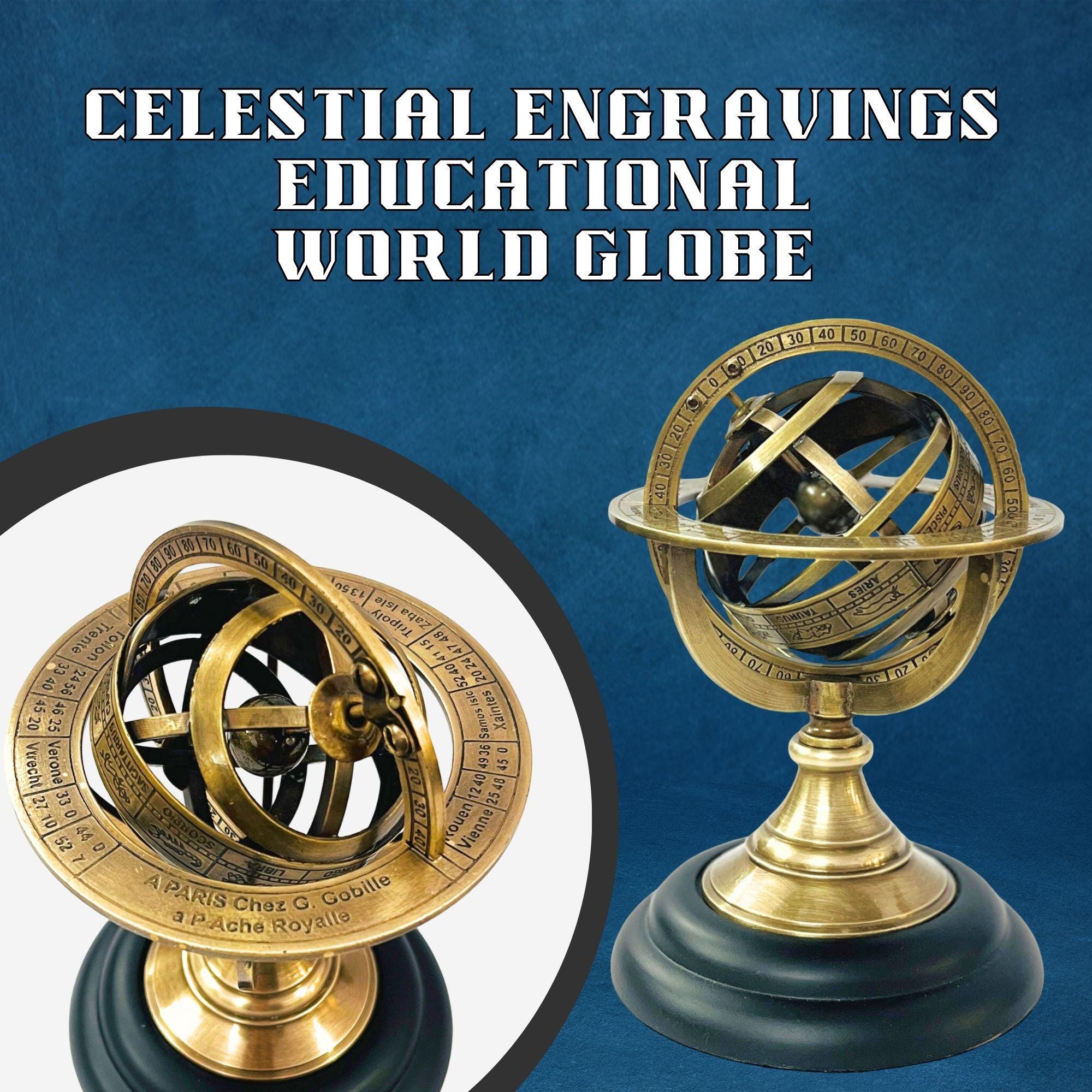 Handmade Brass Armillary Sphere on Black Wooden Base view 6