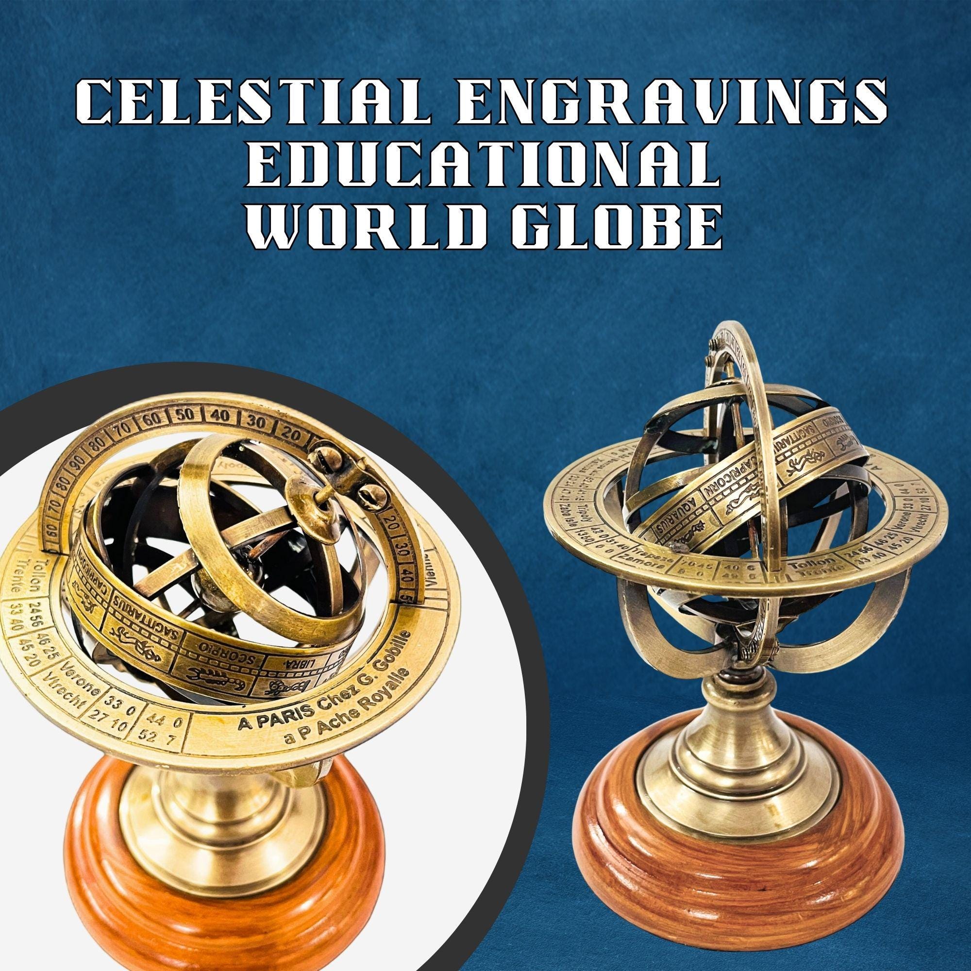 Handmade Brass Armillary Sphere on Black Wooden Base view 9