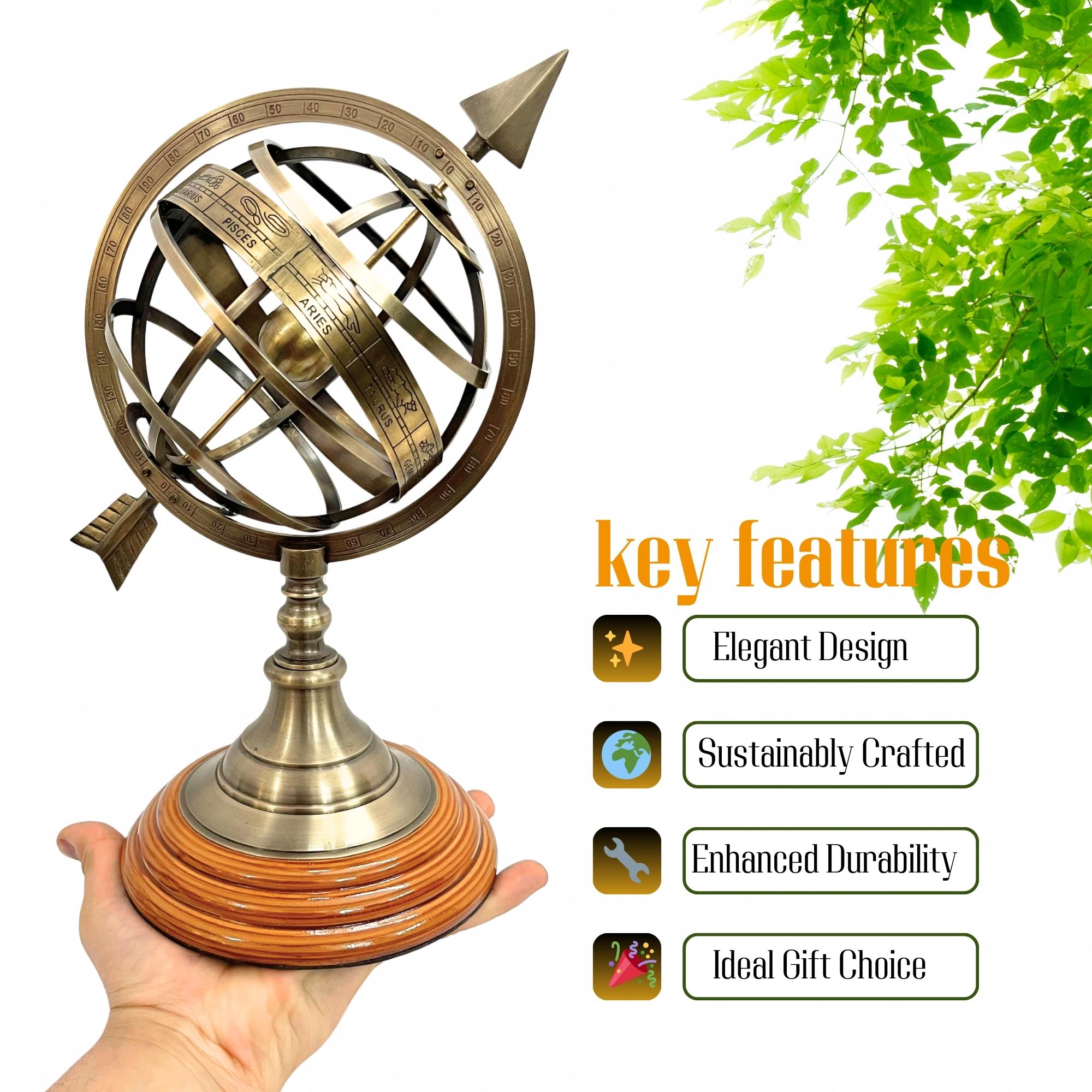 Handcrafted Brass Armillary Sphere Globe with Arrow on Rosewood Base view 4