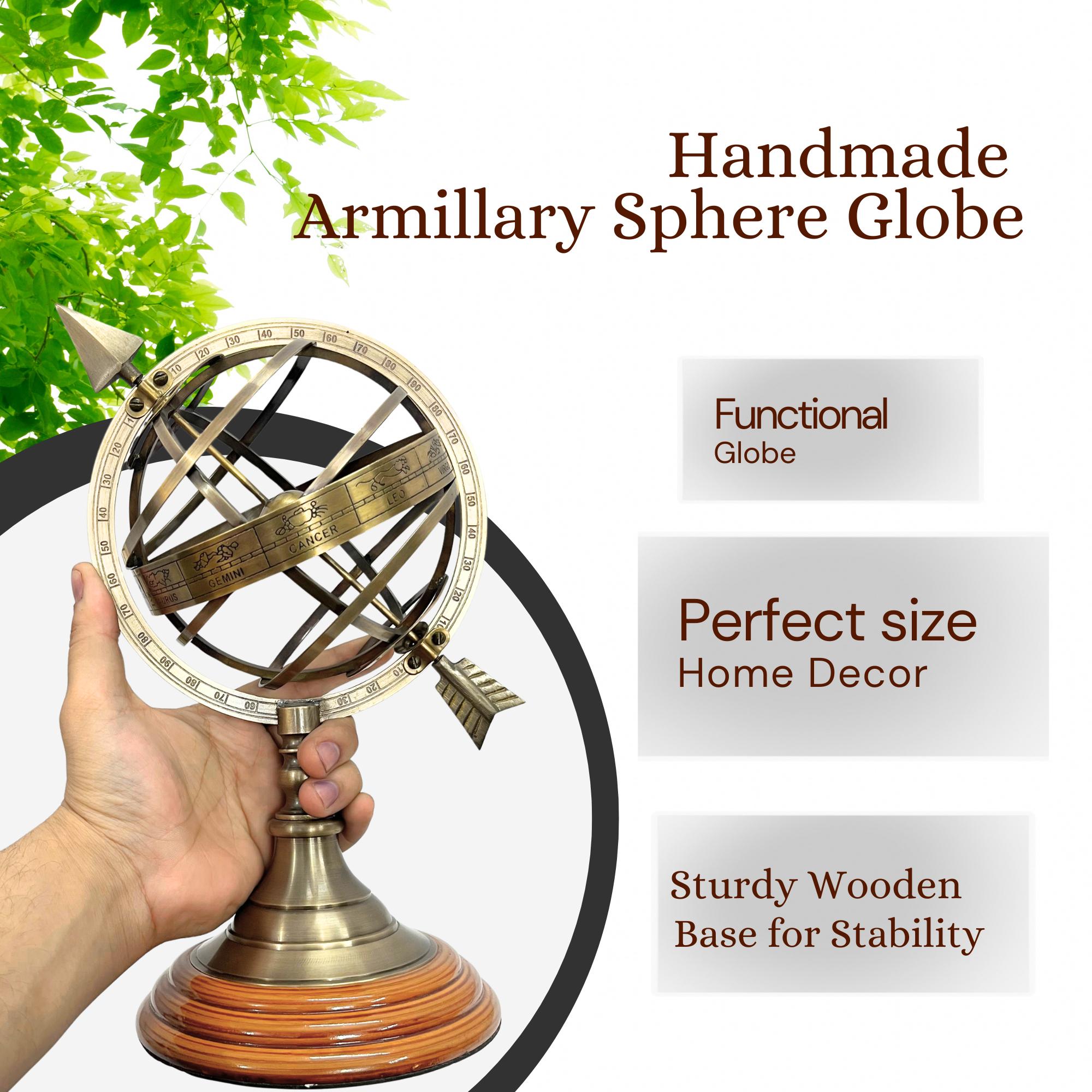 Handcrafted Brass Armillary Sphere Globe with Arrow on Rosewood Base view 5