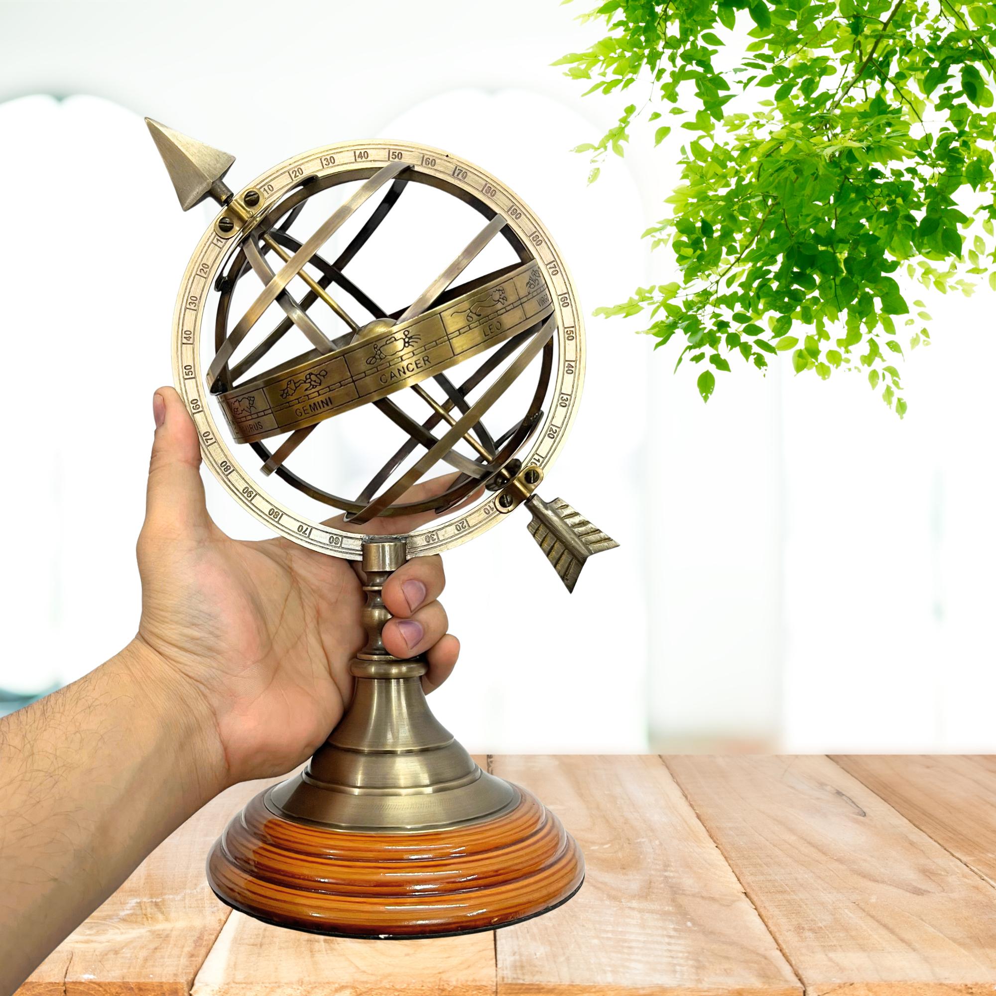 Handcrafted Brass Armillary Sphere Globe with Arrow on Rosewood Base view 10