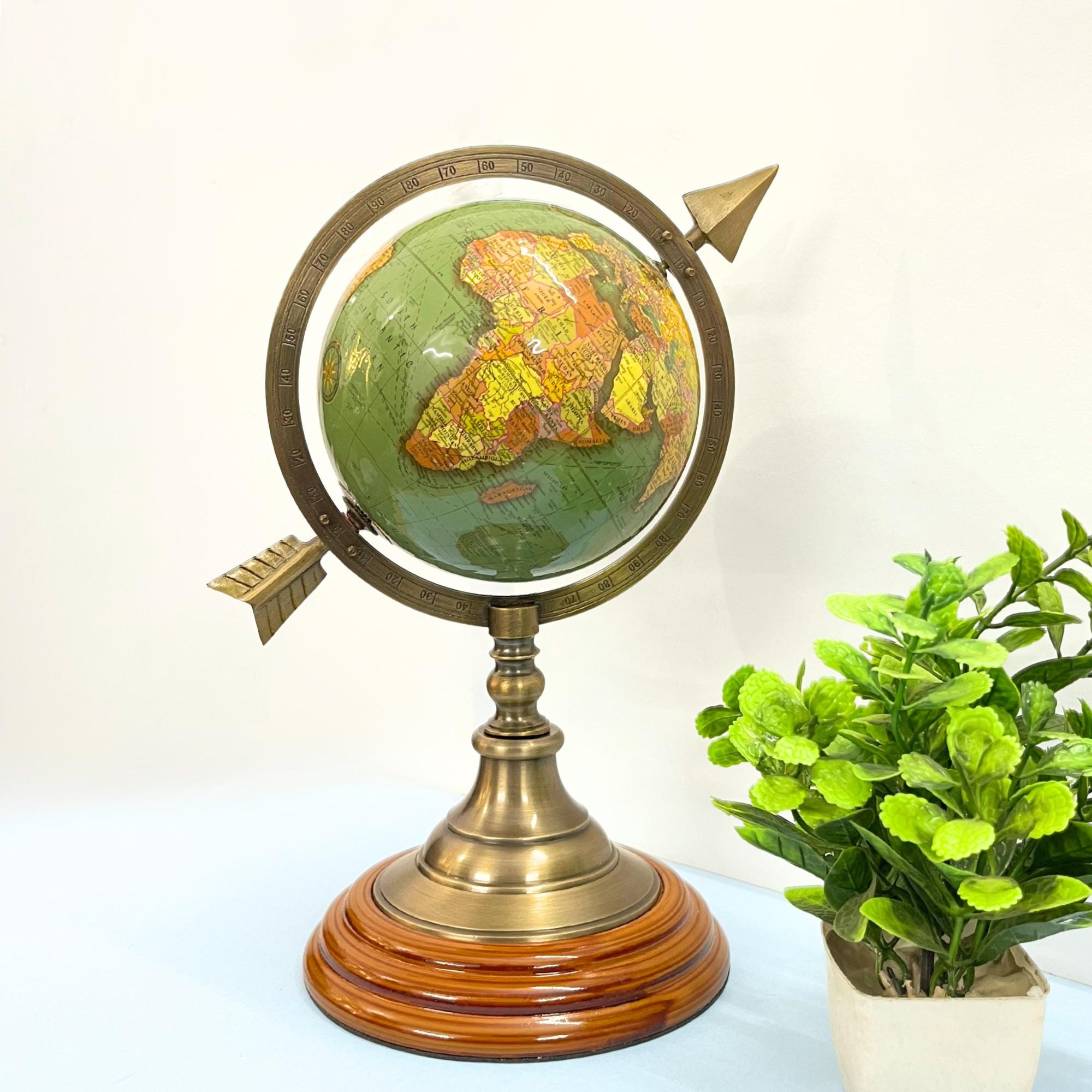 Brass Armillary Globe with Green World Map and Arrow view 2