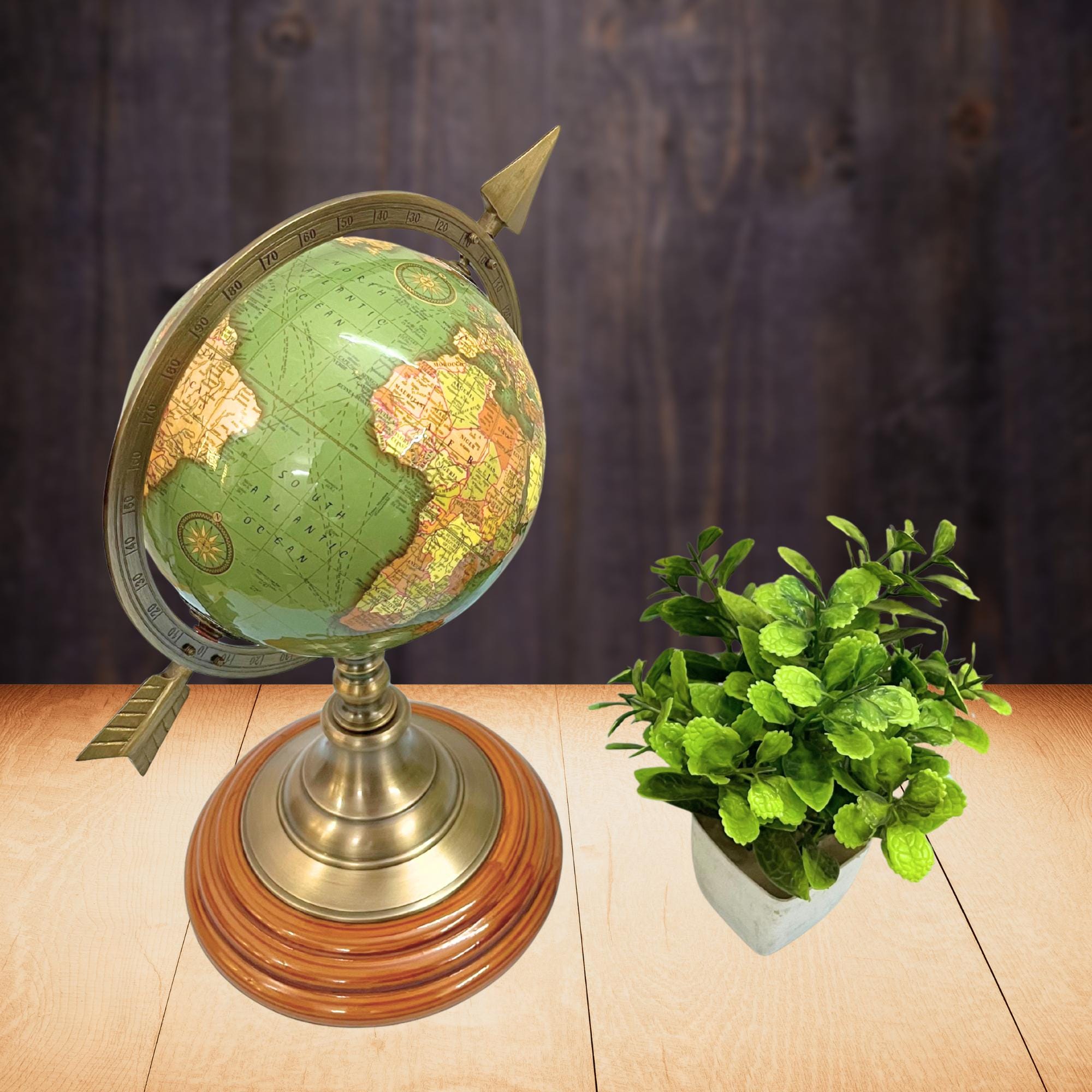 Brass Armillary Globe with Green World Map and Arrow view 8