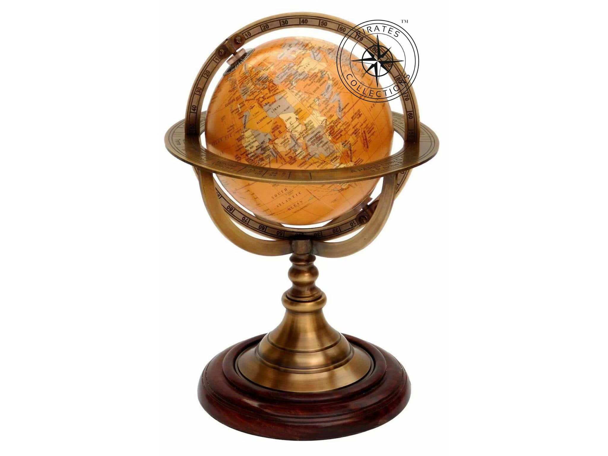 Brass Armillary Globe with Orangish World Map on Rosewood Base view 7