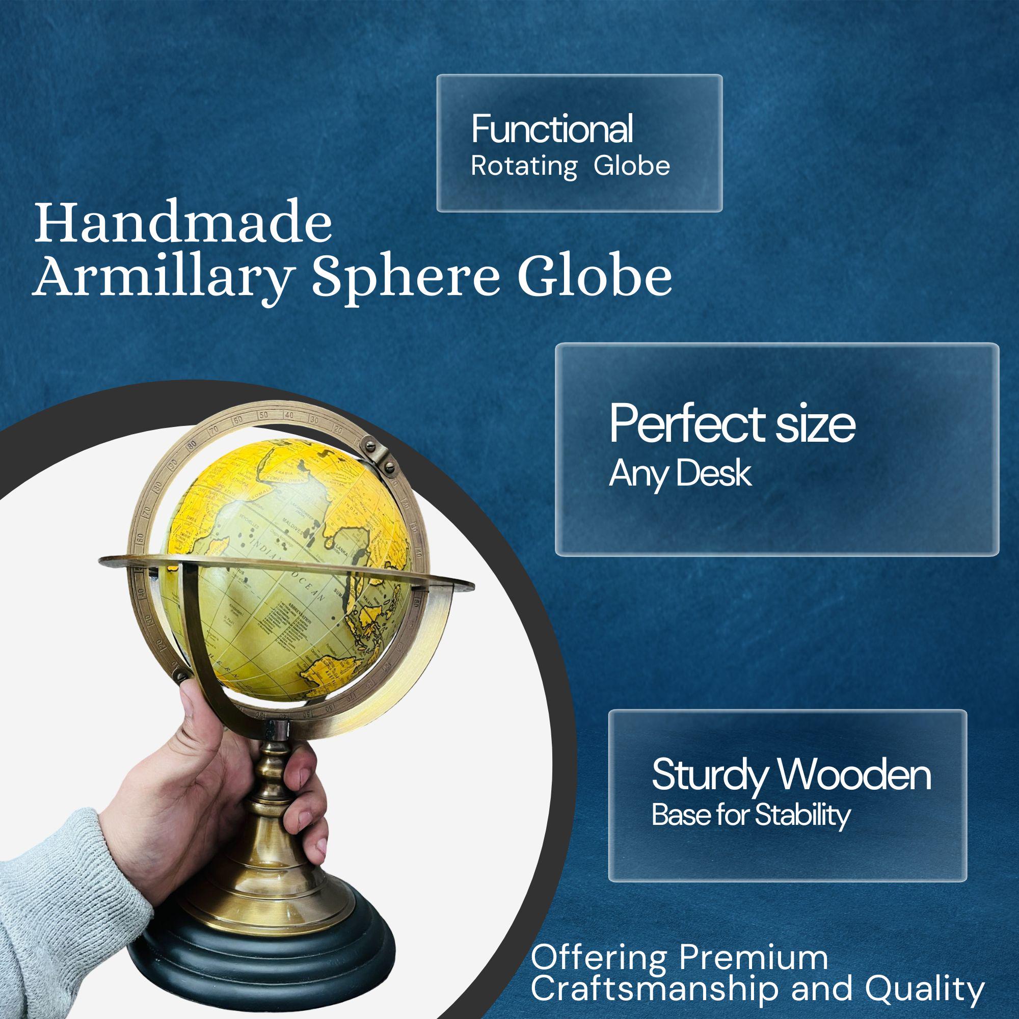 Brass Armillary Globe with Green World Map on Rosewood Base view 6