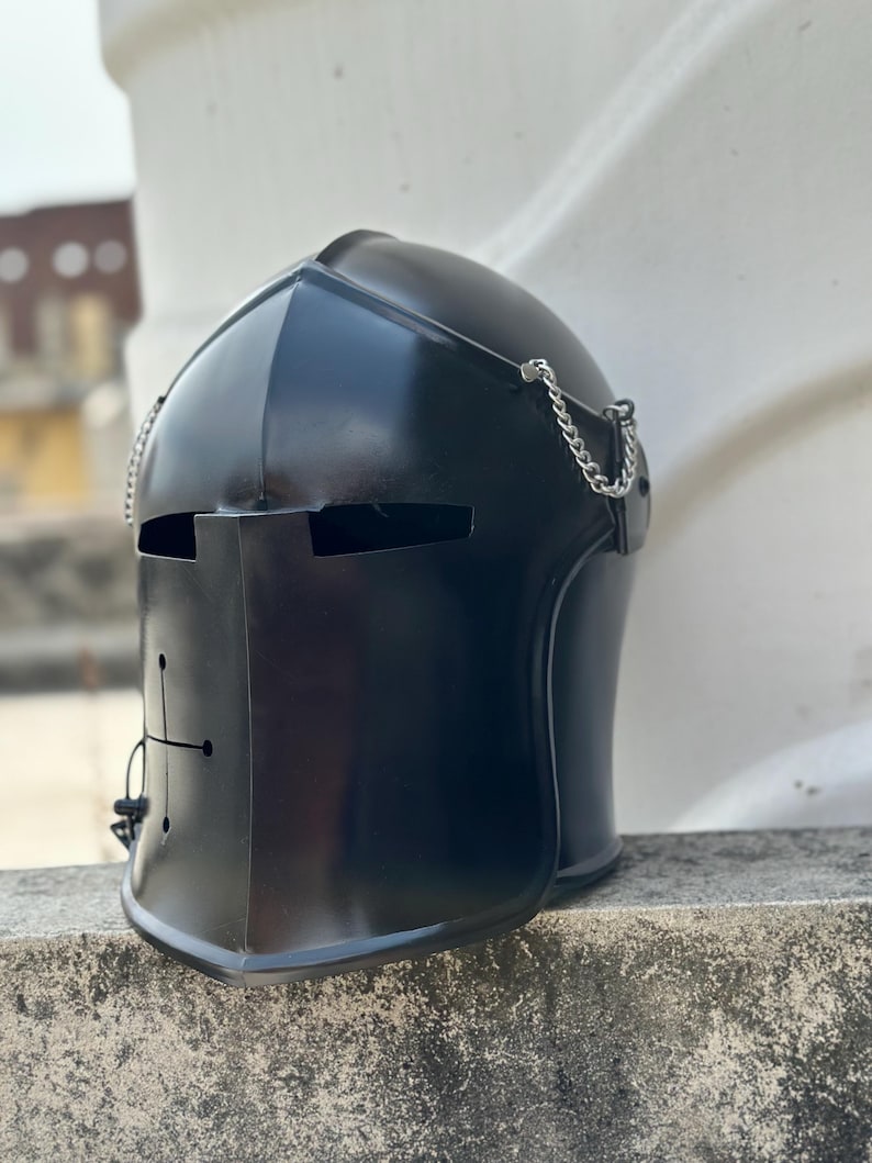 Black Medieval Barbuta Knight Helmet — Gothic Armor view 3