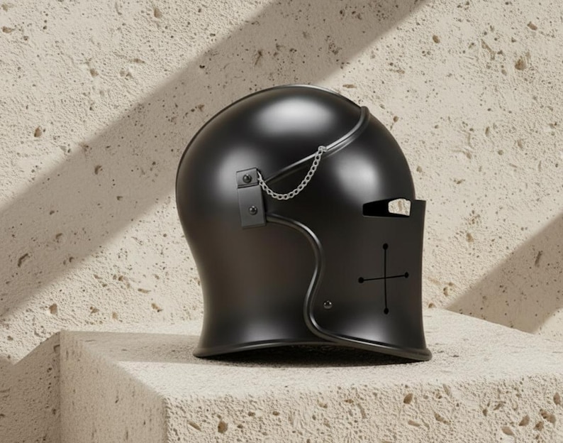 Black Medieval Barbuta Helmet with Full Face Chain Visor view 2
