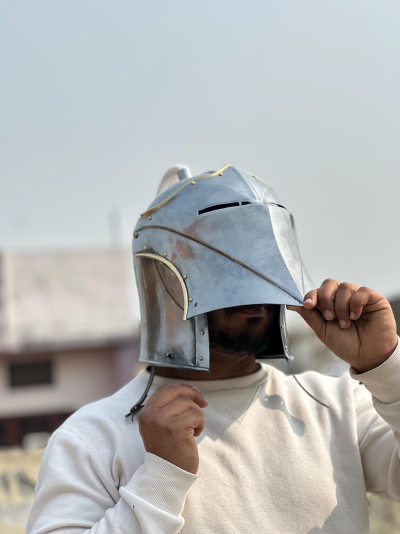 Gothic Knight Helmet — Steel Visor with Plume and Brass view 3