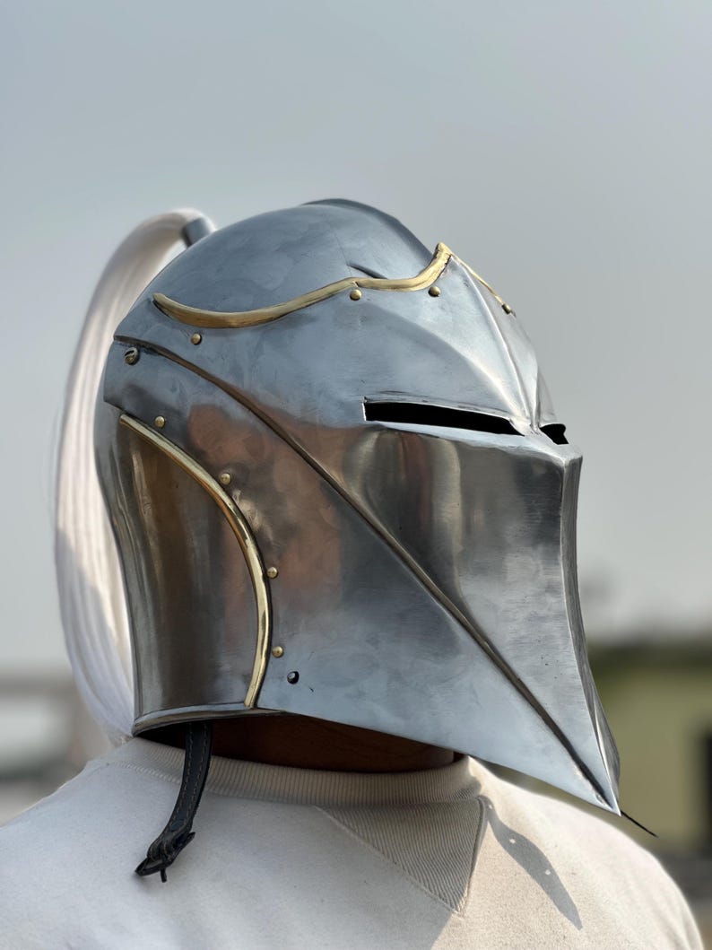 Gothic Knight Helmet — Steel Visor with Plume and Brass view 4