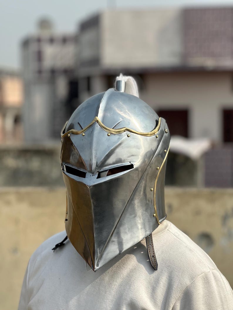 Gothic Knight Helmet — Steel Visor with Plume and Brass view 7