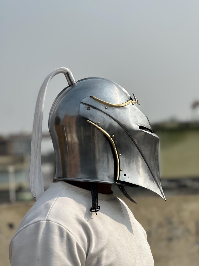 Gothic Knight Helmet — Steel Visor with Plume and Brass view 8