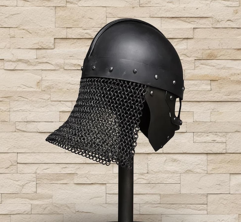 Black Viking Spangenhelm — Norse Helmet with Chainmail view 6