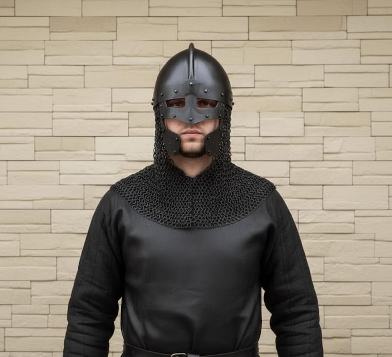 Black Viking Spangenhelm — Norse Helmet with Chainmail view 7