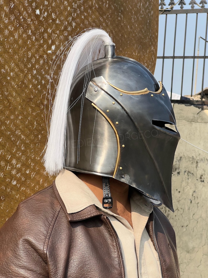 Vanguard Winged Knight Helmet — Brass Finish with Plume view 9