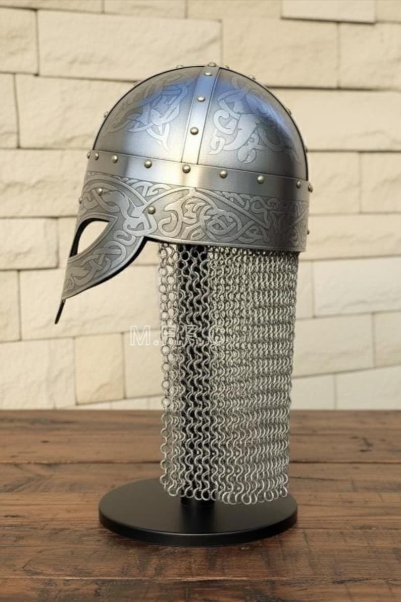 Viking Engraved Helmet with Chainmail Aventail — Norse view 2