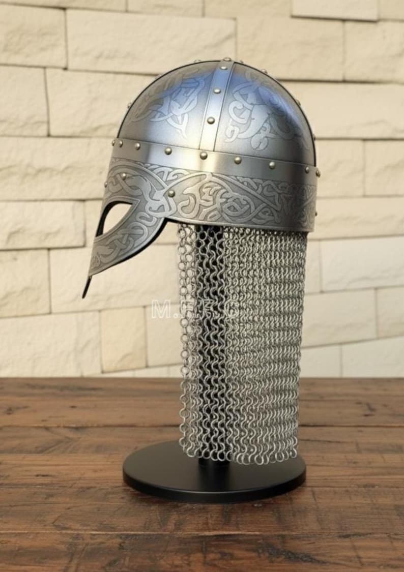 Viking Engraved Helmet with Chainmail Aventail — Norse view 5