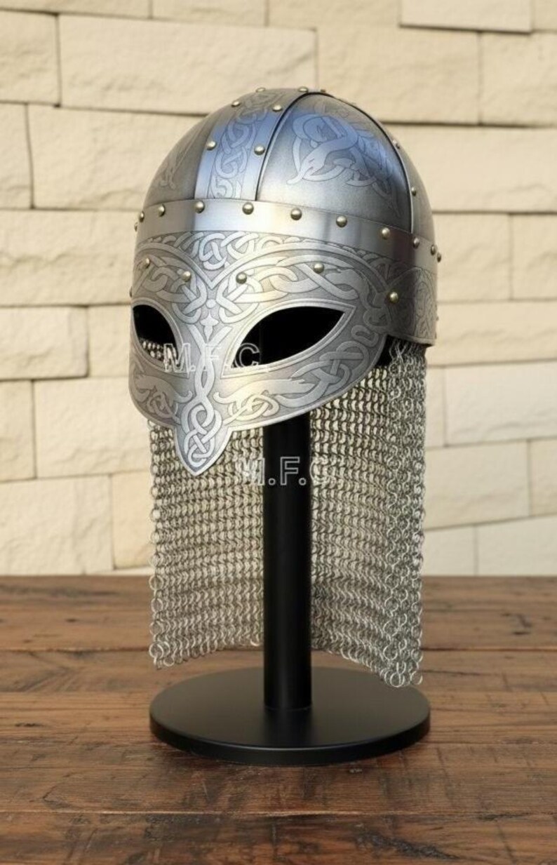 Viking Engraved Helmet with Chainmail Aventail — Norse view 6