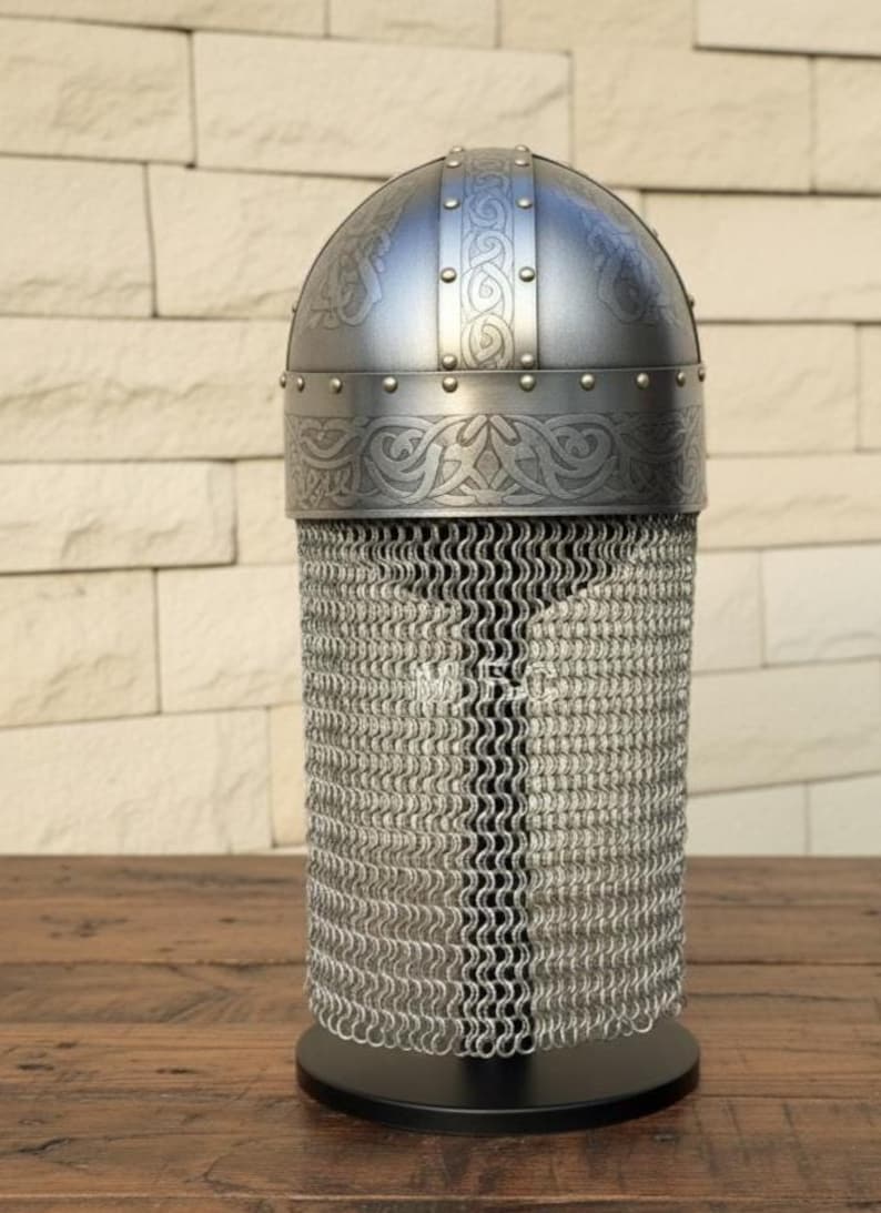 Viking Engraved Helmet with Chainmail Aventail — Norse view 7