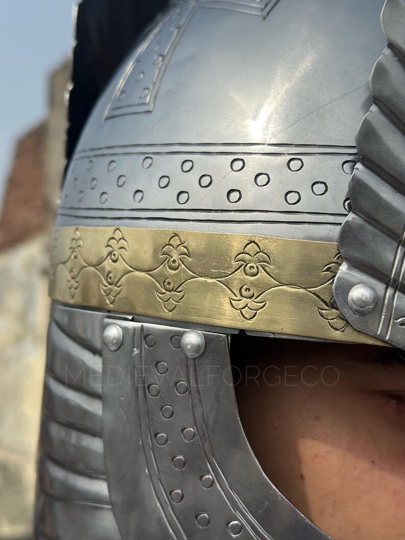 Engraved Medieval Steel Helmet — Brass Finish Wings view 4