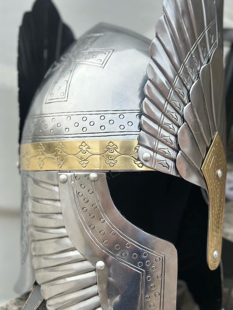 Engraved Medieval Steel Helmet — Brass Finish Wings view 9