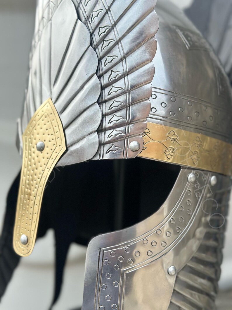 Engraved Medieval Steel Helmet — Brass Finish Wings view 15