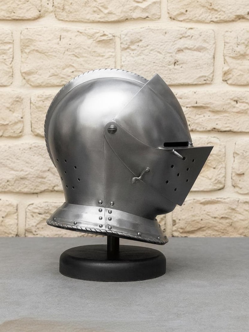 Medieval Knight Steel Helmet — Visored Armor Display view 5