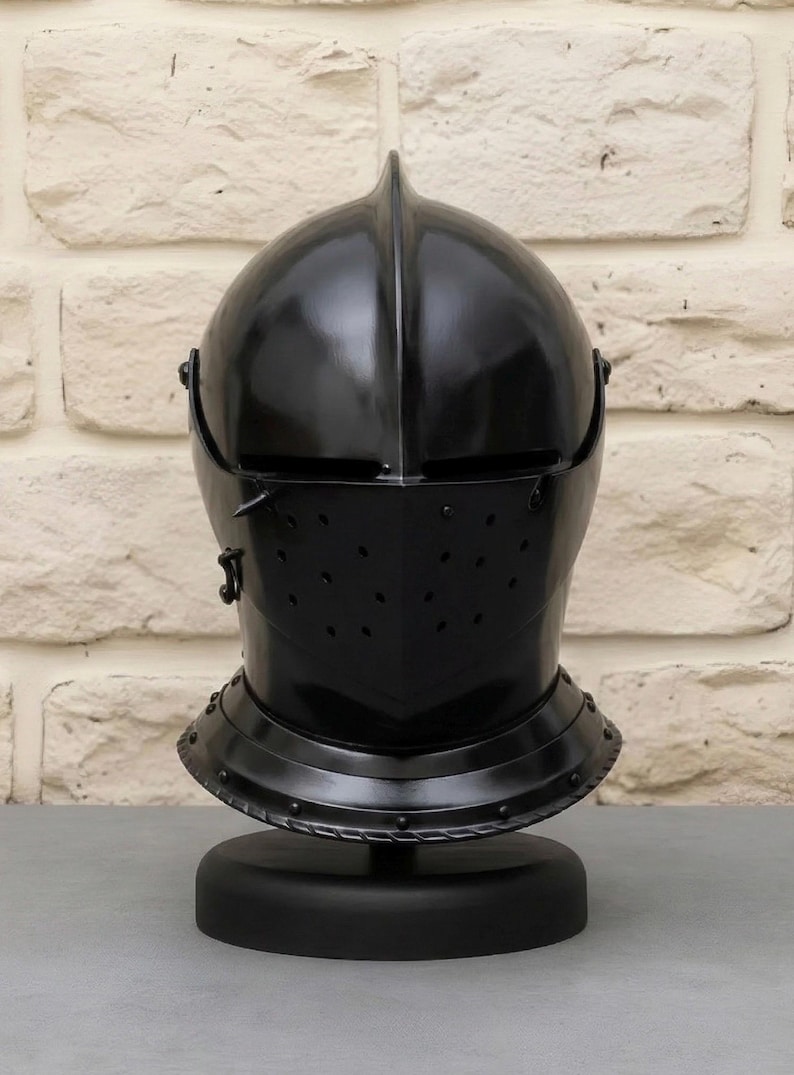 Medieval Knight Steel Helmet — Visored Armor Display view 7
