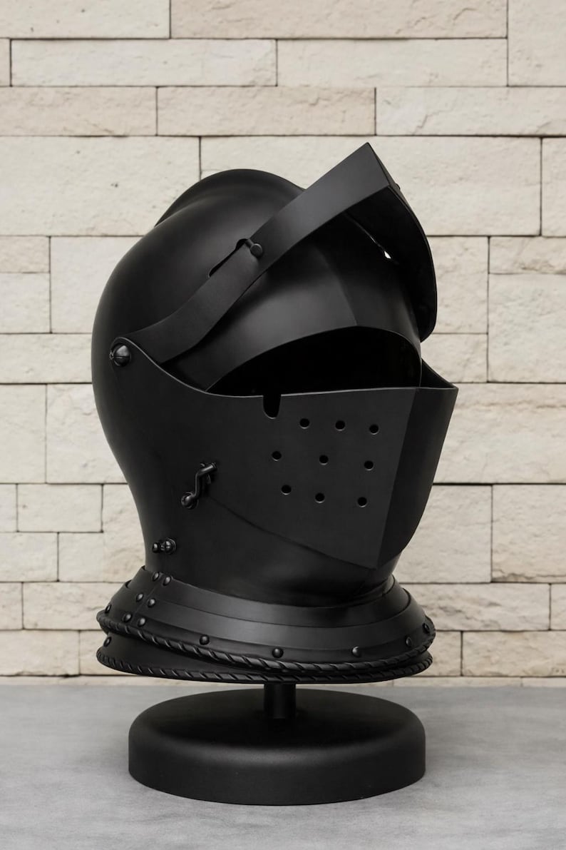 Medieval Knight Steel Helmet — Visored Armor Display view 10