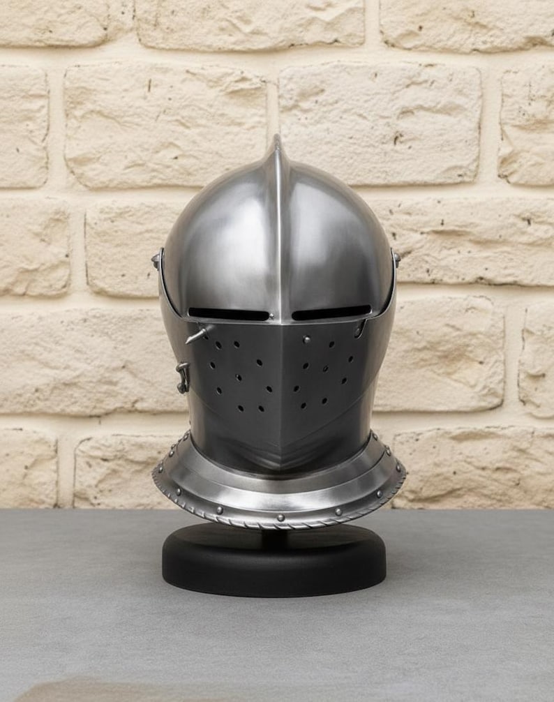 Medieval Knight Steel Helmet — Visored Armor Display view 11