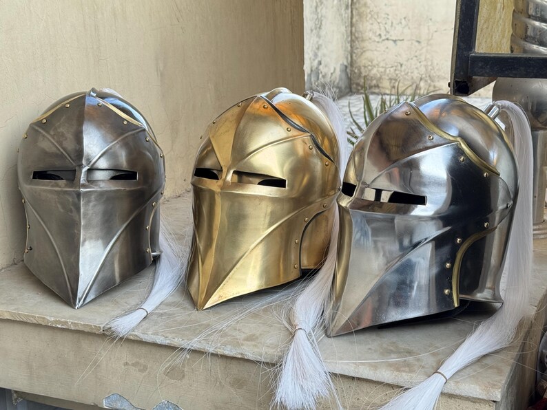Knight Helmet — Brass Finish Open Visor Vanguard Winged view 4