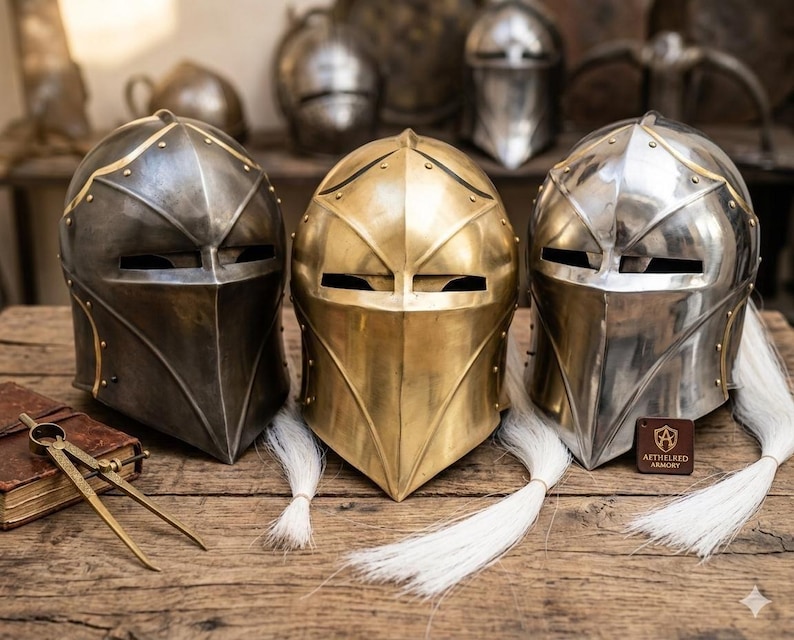 Knight Helmet — Brass Finish Open Visor Vanguard Winged view 7