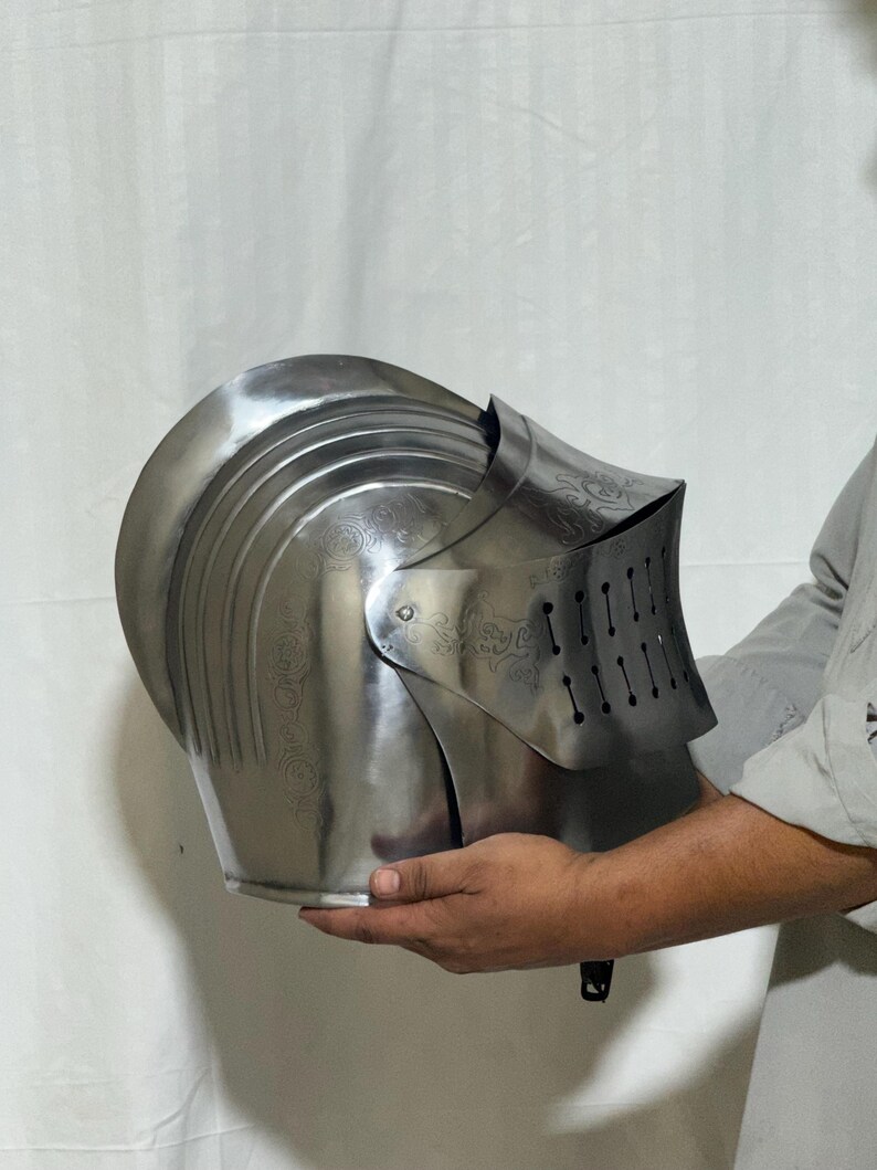 Engraved Medieval Helmet — Gothic Knight Close Armor view 3