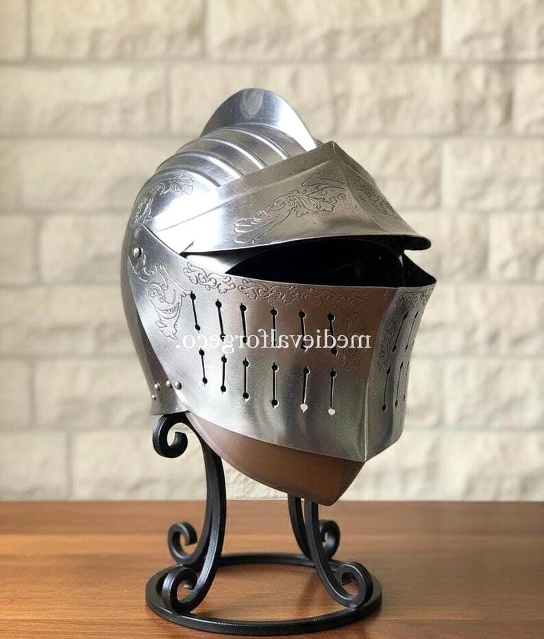 Medieval Close Helmet — Engraved Knight Steel Visor view 2