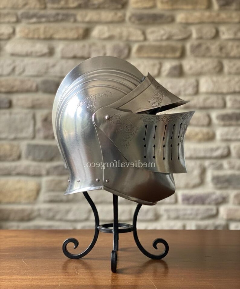 Medieval Close Helmet — Engraved Knight Steel Visor view 3