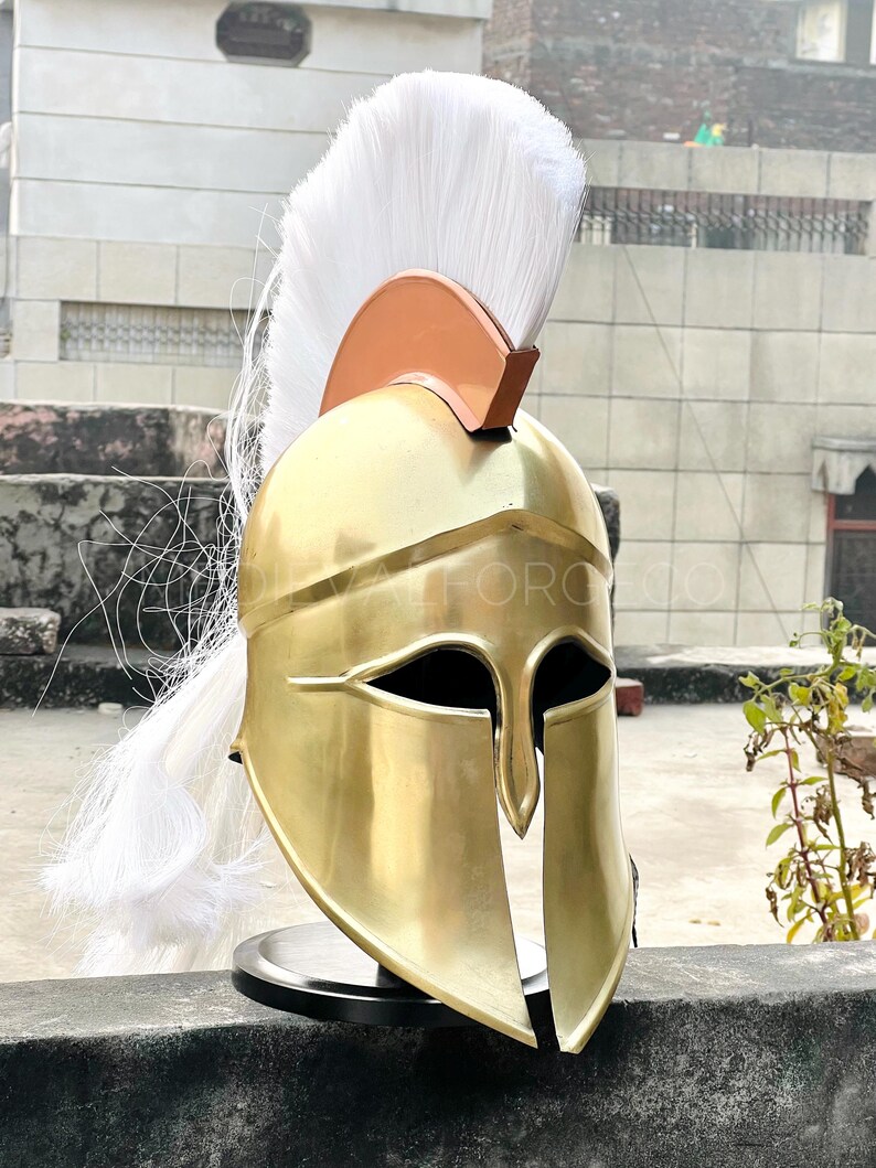 Aurelius Spartan Corinthian Helmet — Solid Brass White Plume view 6