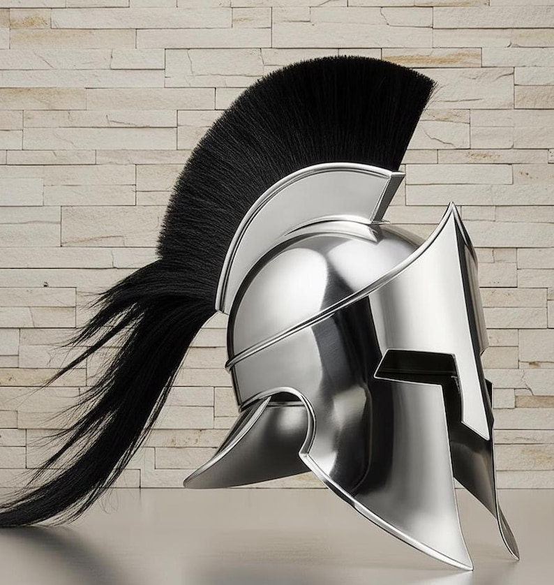 Polished Steel Spartan Helmet — Black Horsehair Crest view 5