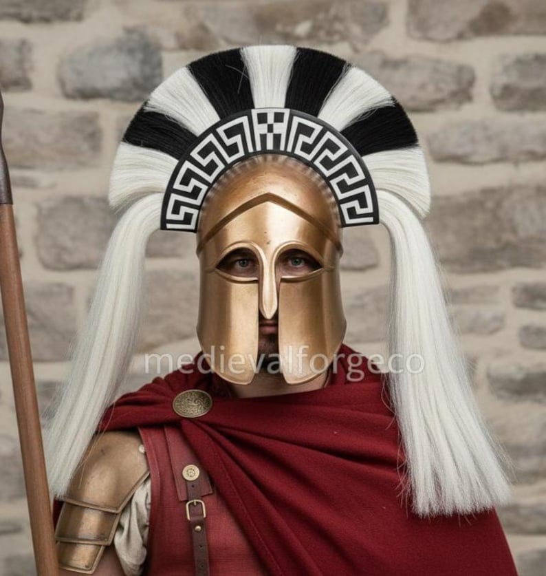 Bronze Spartan Helmet with Horsehair Crest — Wearable view 7